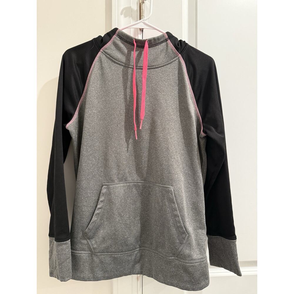 DANSKIN NOW JUNIOR GIRLS PULL OVER HOODIE SIZE L GREY BLACK PINK SWEATSHIRT